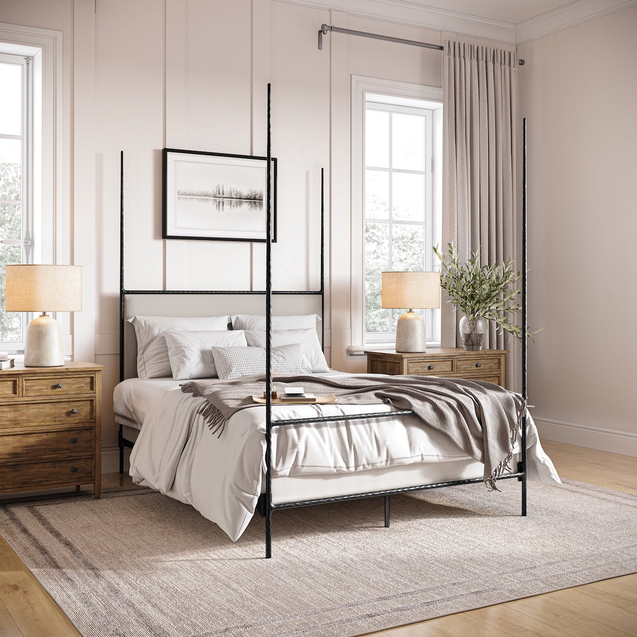 Amity Hand-Forged Iron Four Poster Bed with Cushioned Headboard