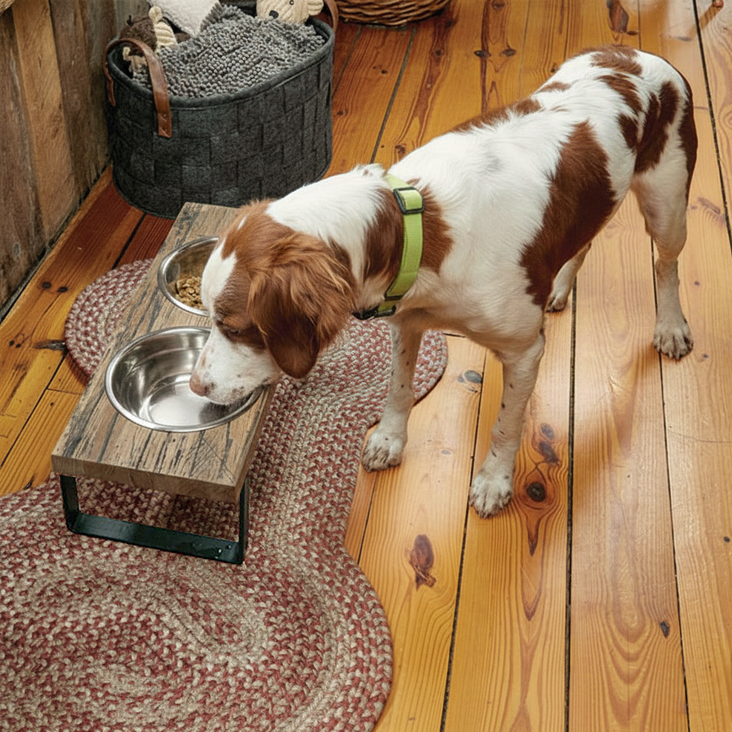 A dog eating at an Urban Forge hand-forged iron and wood dog feeder.