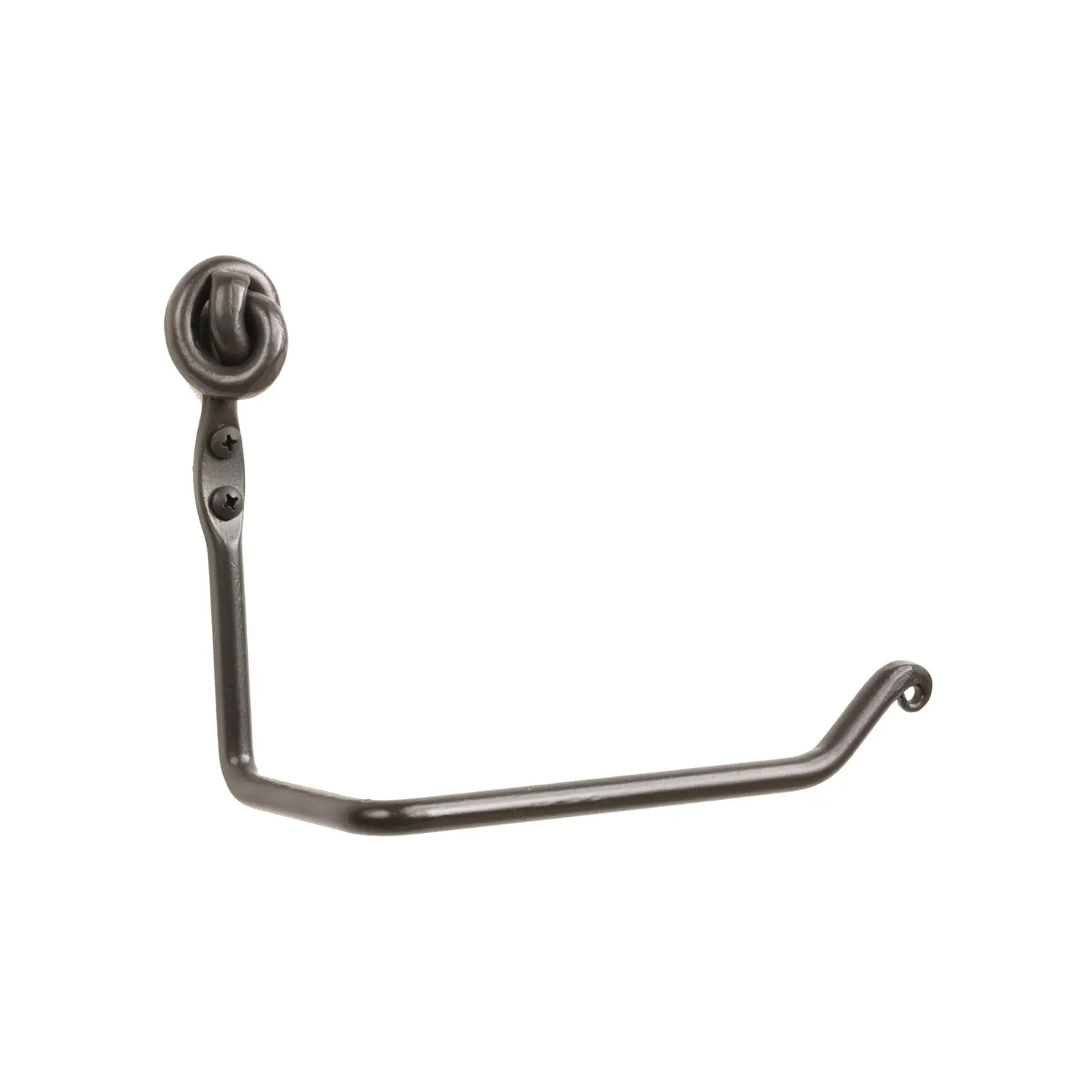 A black, hand-forged iron toilet paper holder against a white background.