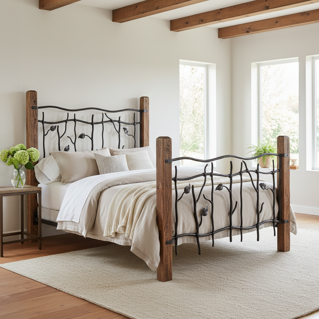 Sylamore Hand-Forged Iron Bed with Wooden Posts