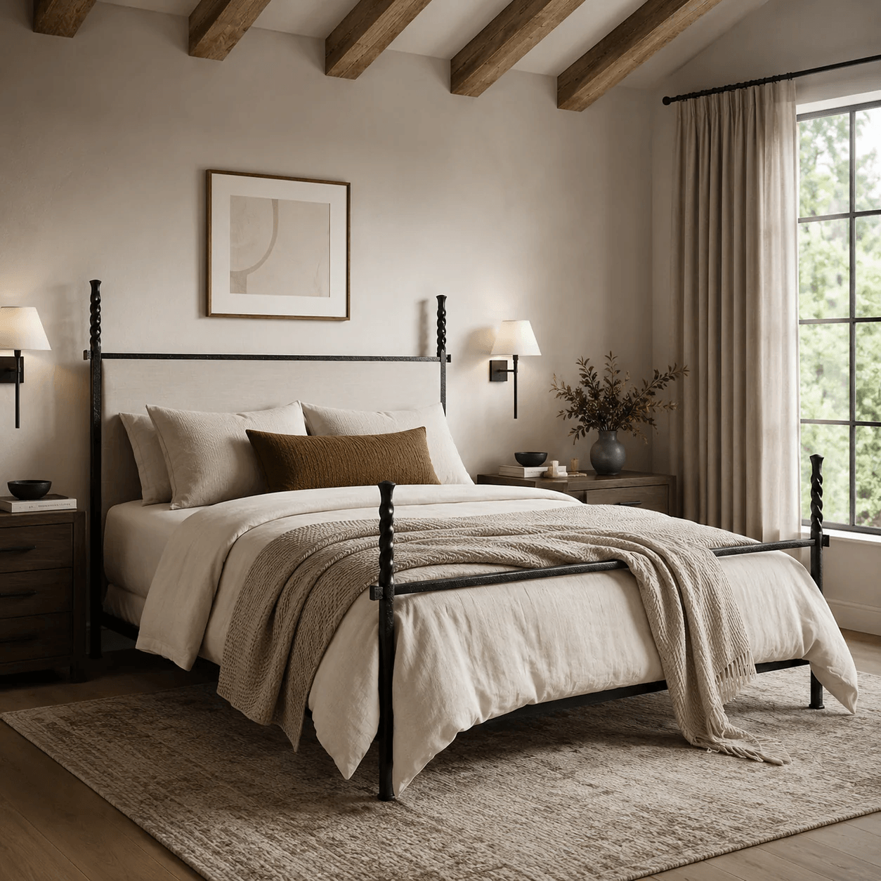 Benton Hand-Forged Iron Bed with Cushioned Headboard – Urban Forge
