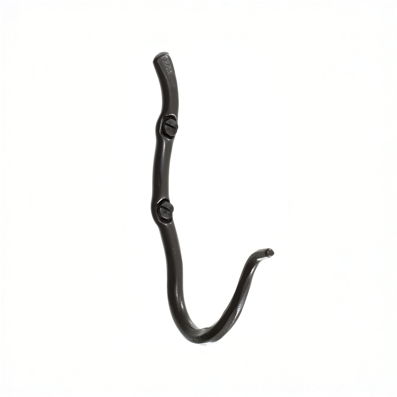 An Urban Forge Black River hand-forged iron single hook in a black finish. The hook is displayed against a white backdrop.