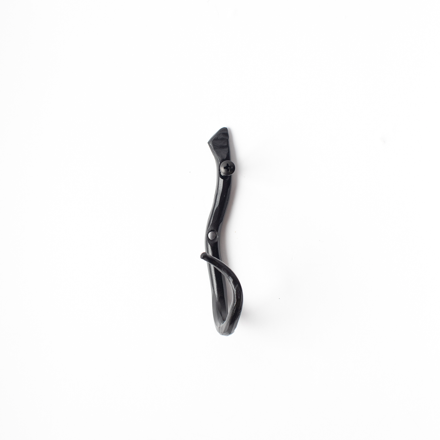 An Urban Forge Black River hand-forged iron single hook in a black finish. The hook is displayed against a white backdrop.