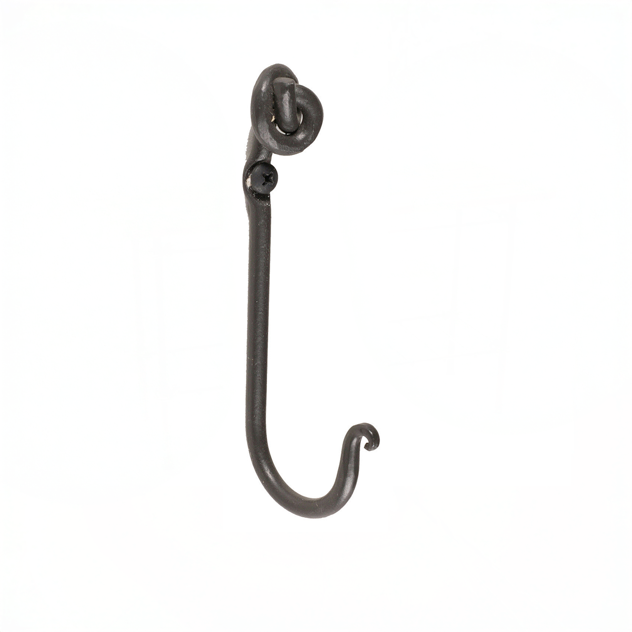 An Urban Forge Knot hand-forged iron single hook in a black finish. The hook is pictured against a white backdrop.