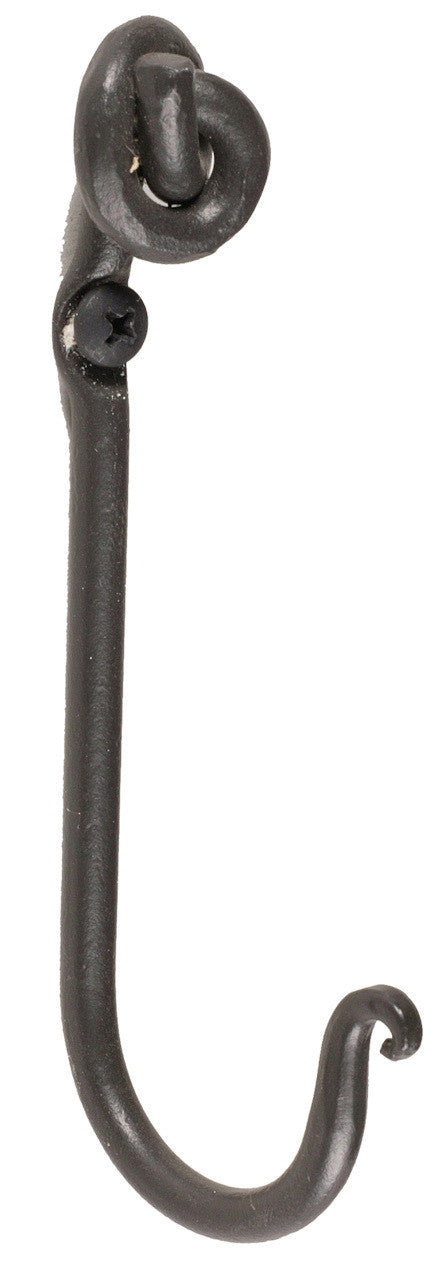 An Urban Forge Knot hand-forged iron single hook in a black finish. The hook is pictured against a white backdrop.