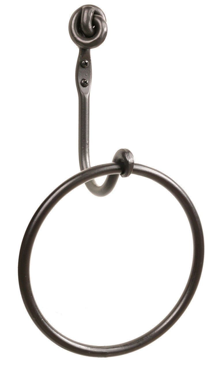 The Urban Forge Knot towel ring in a black finish. The towel ring is pictured against a white backdrop.