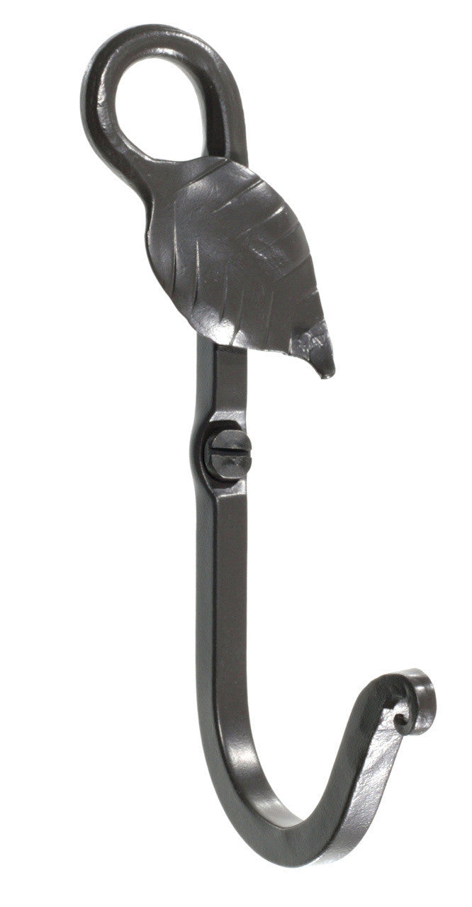 An Urban Forge Leaf hand-forged iron single hook in a black finish. The hook is pictured against a white backdrop.