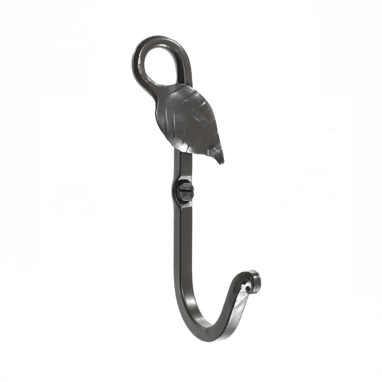 An Urban Forge Leaf hand-forged iron single hook in a black finish. The hook is pictured against a white backdrop.