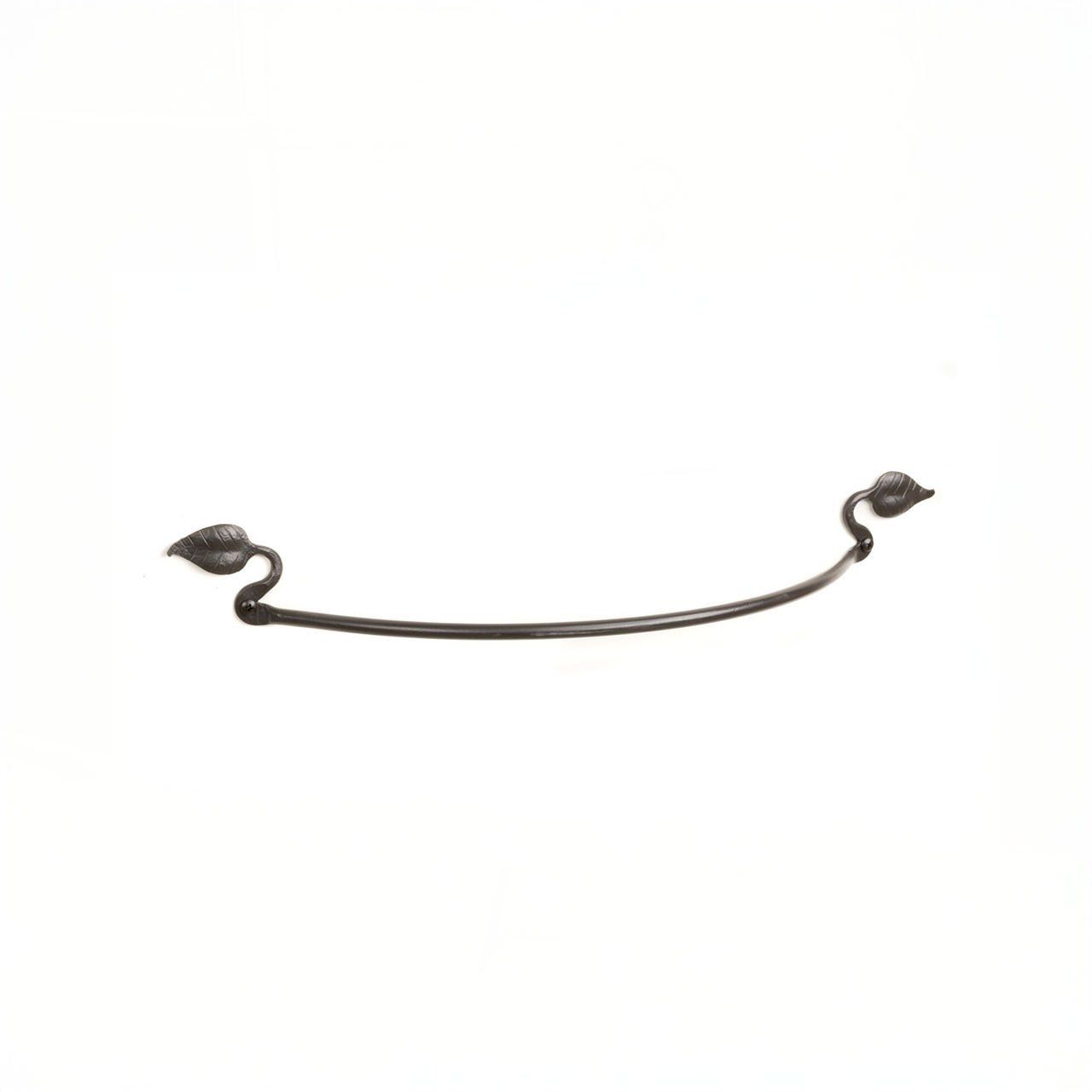 The Urban Forge Leaf towel bar in a black finish. The towel bar is pictured against a white backdrop.