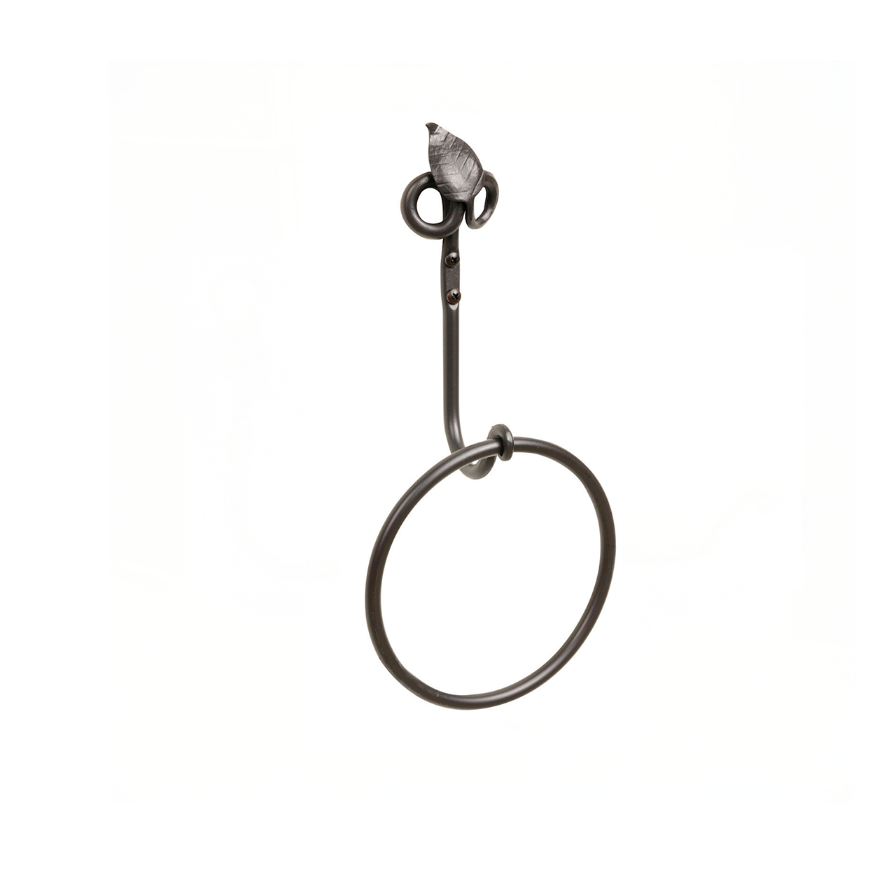 The Urban Forge Leaf towel ring in a black finish. The towel ring is pictured against a white backdrop.