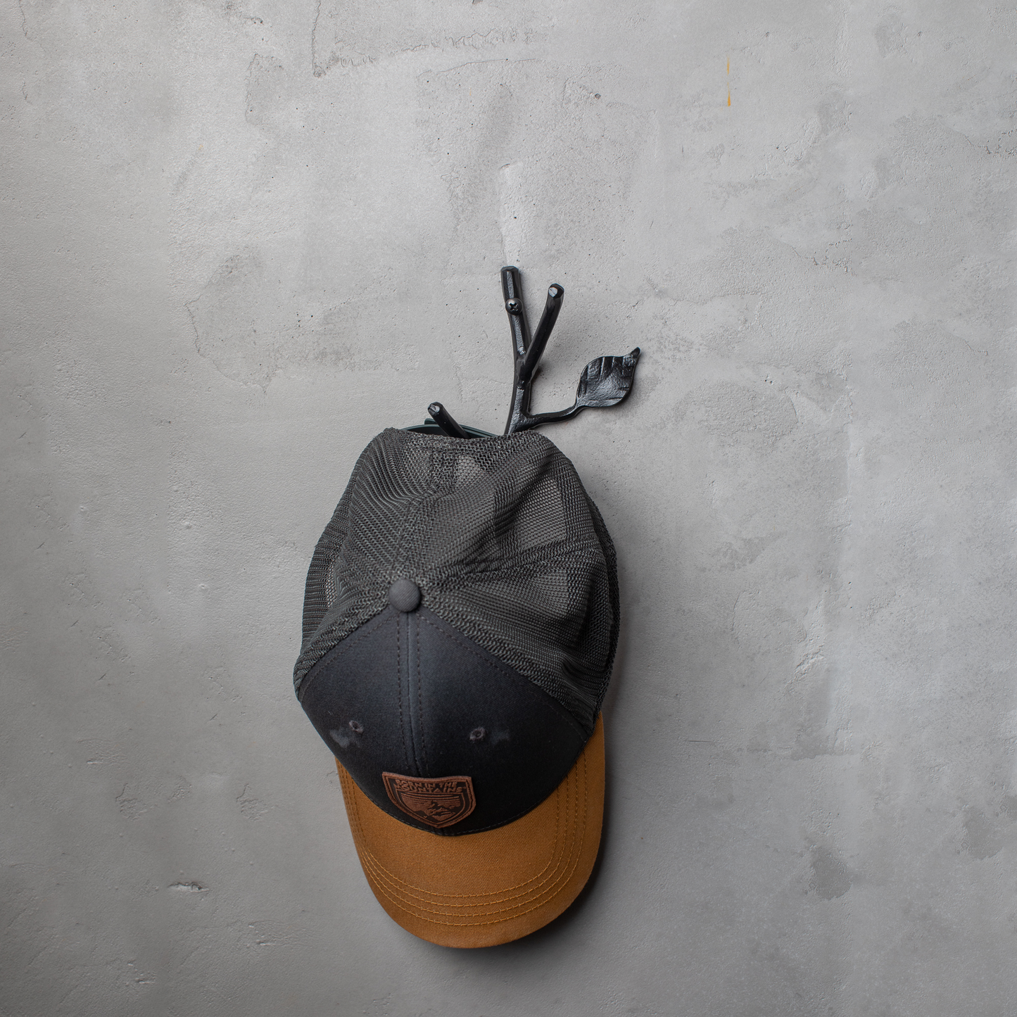 An Urban Forge Sylamore hand-forged iron double hook in a black finish. The hook is mounted on a gray wall and is holding a ball cap.