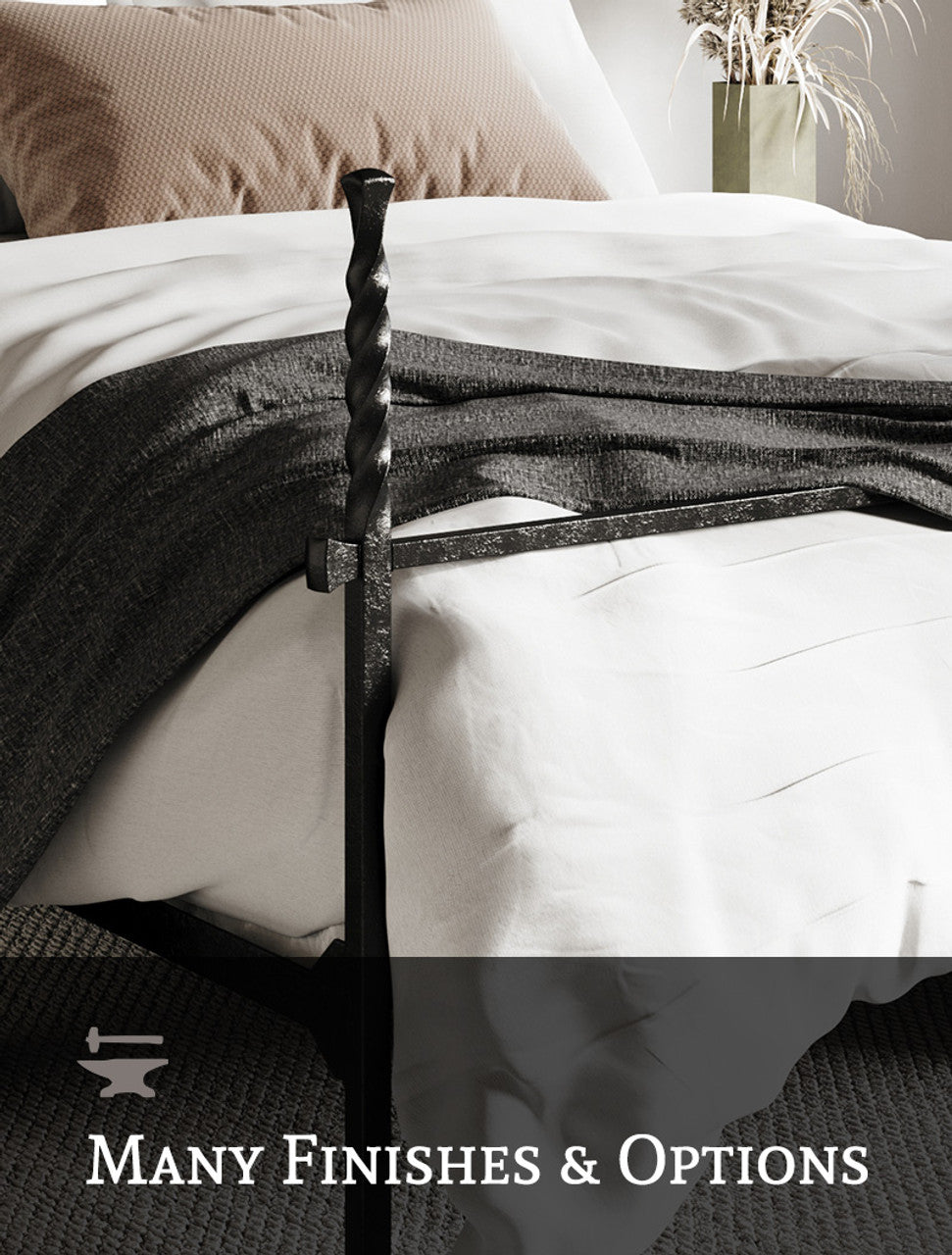 Benton Hand-Forged Iron Bed with Cushioned Headboard