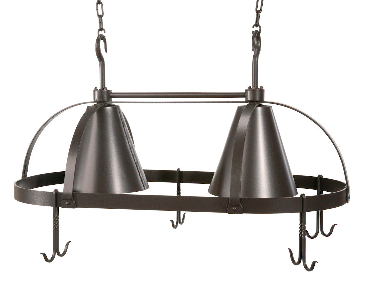 Dutch Oval Hand-Forged Lighted Pot Rack with Hand-Fired Copper Shades