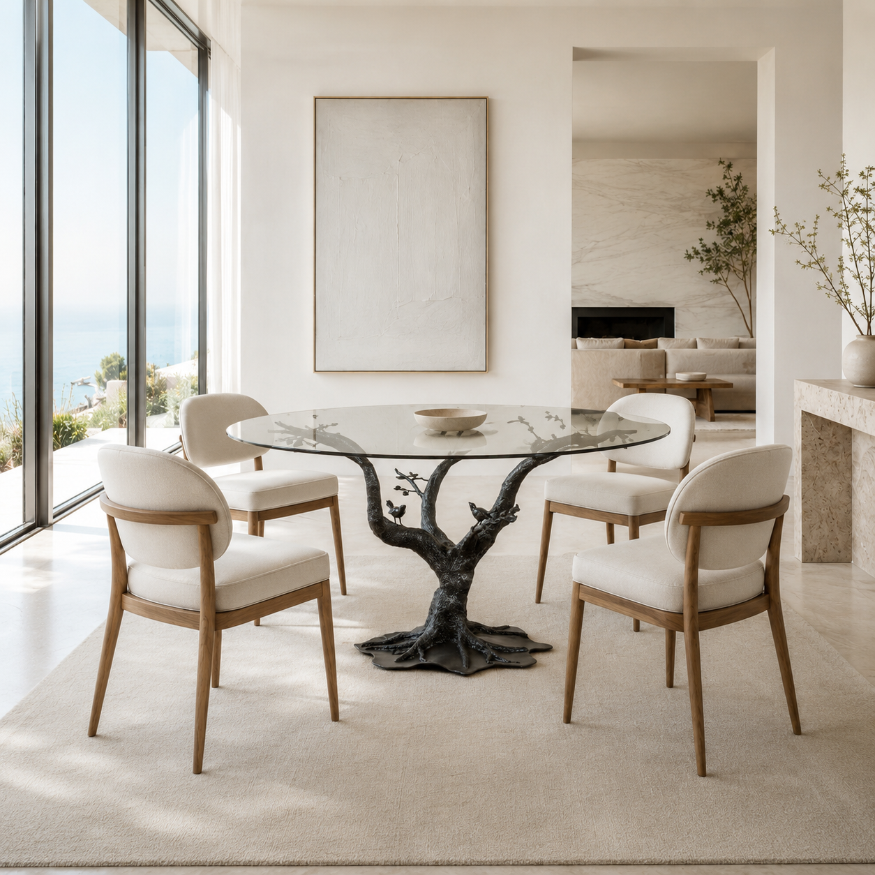 Tree of Life Dining Table with Wrought Iron Base and Glass Top