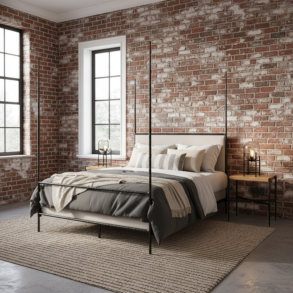 Amity Hand-Forged Iron Four Poster Bed with Cushioned Headboard