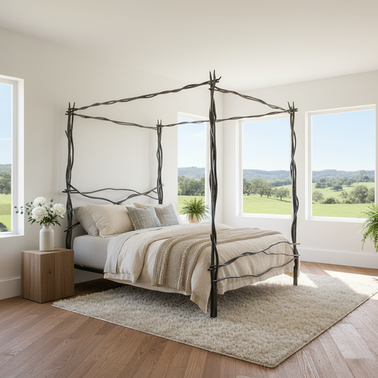 Driftwood Arbor Forged Iron Canopy Bed