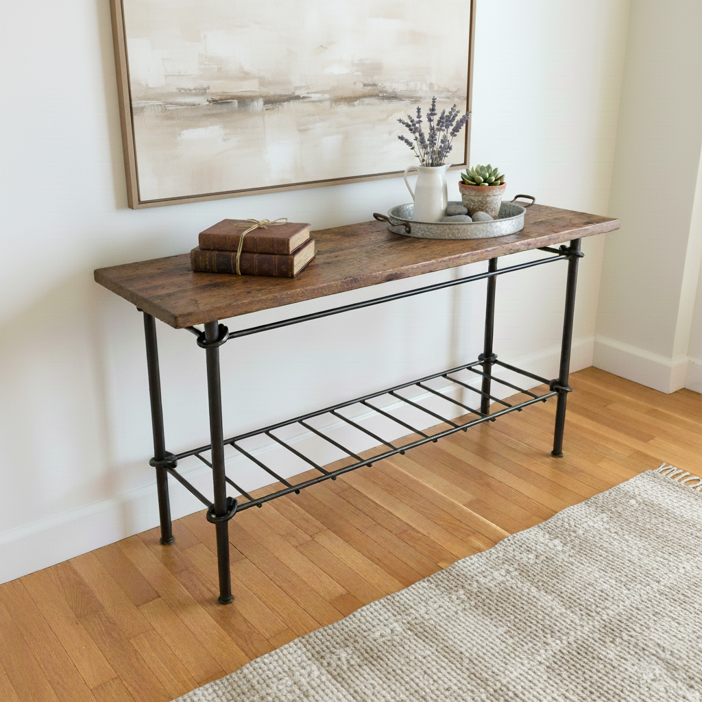 Wooden console table with metal legs in a room setting