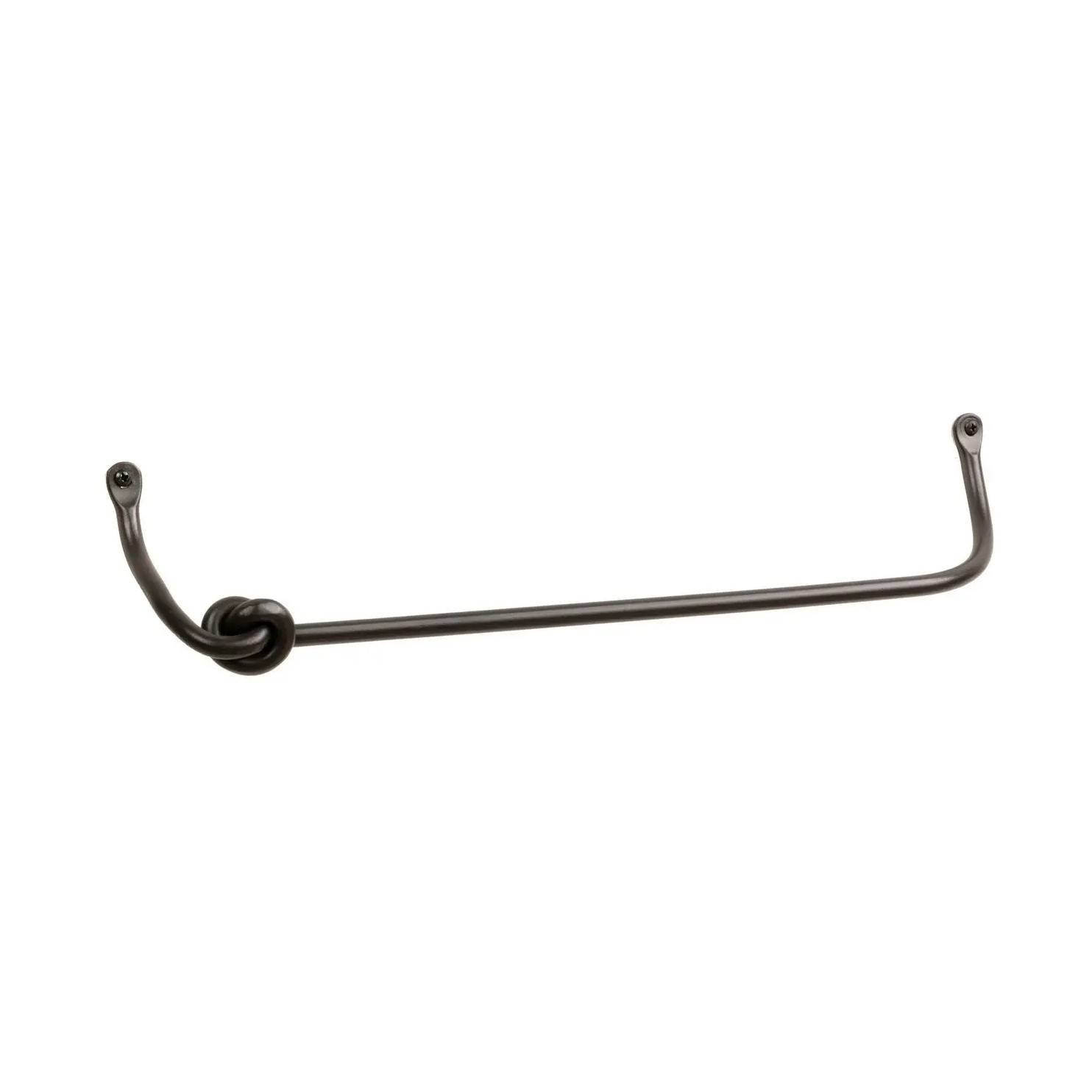 A black, hand-forged iron towel bar against a white backdrop.