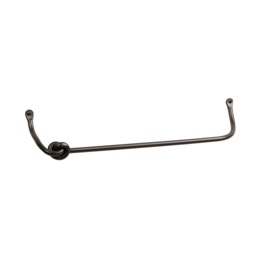 A black, hand-forged iron towel bar against a white backdrop.