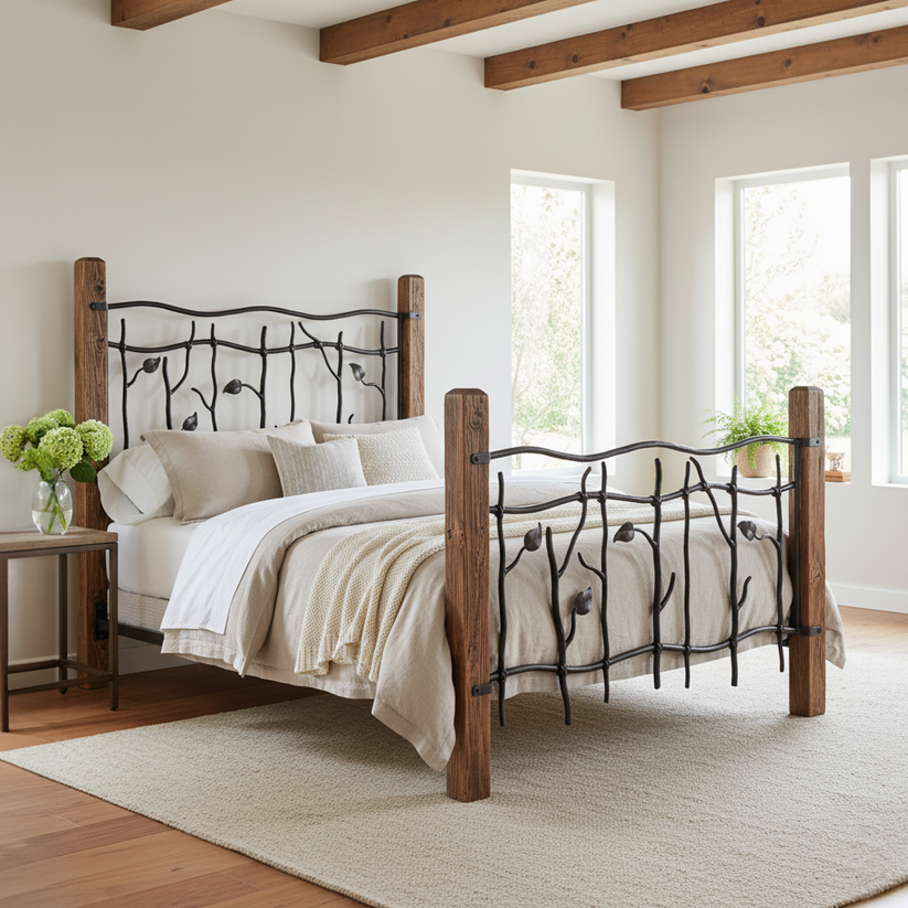 Sylamore Hand Forged Iron Bed with Hewn Wood Posts – Urban Forge