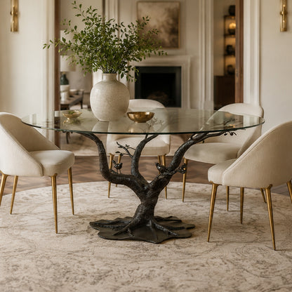 Tree of Life Dining Table with Wrought Iron Base and Glass Top
