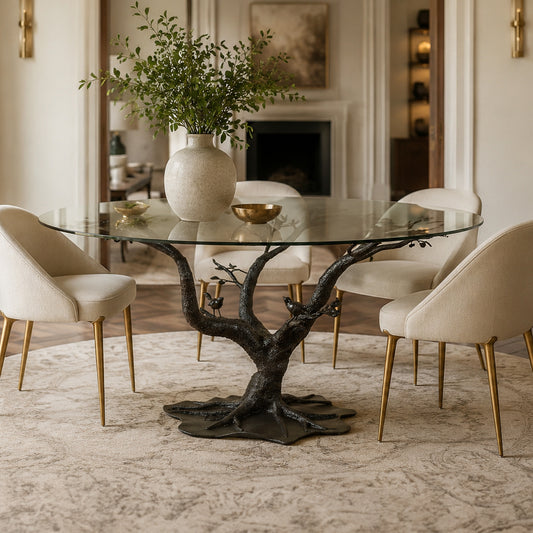 Tree of Life Dining Table with Wrought Iron Base and Glass Top