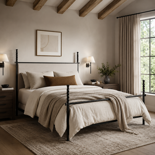 Benton Hand-Forged Iron Bed with Cushioned Headboard