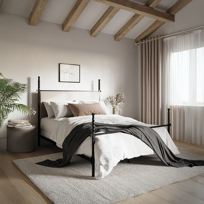 Benton Hand-Forged Iron Bed with Cushioned Headboard