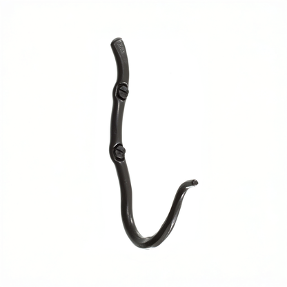 An Urban Forge Black River hand-forged iron single hook in a black finish. The hook is displayed against a white backdrop.