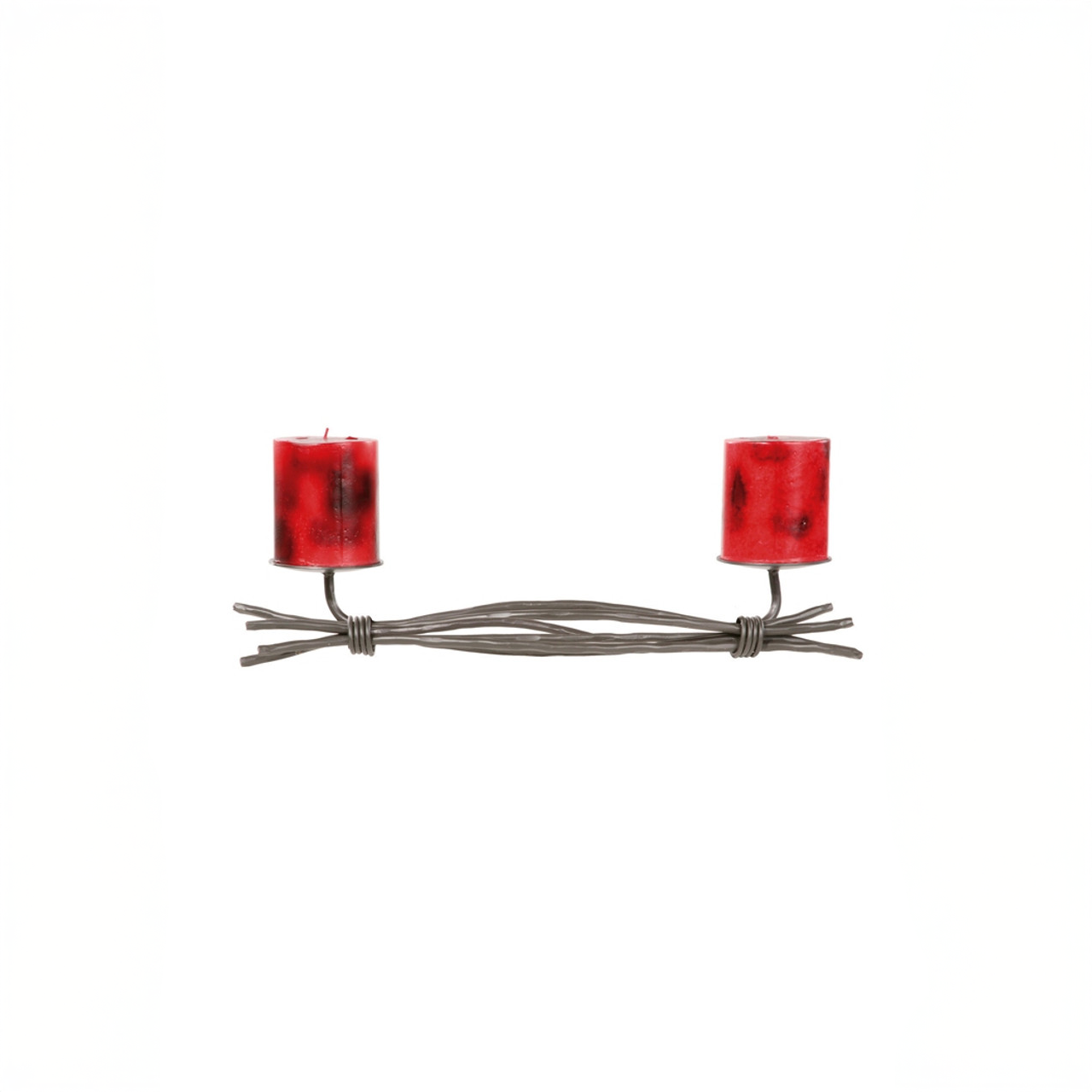 An Urban Forge Black River hand-forged iron double candle holder in a black finish. It's pictured with two red candles against a white backdrop.