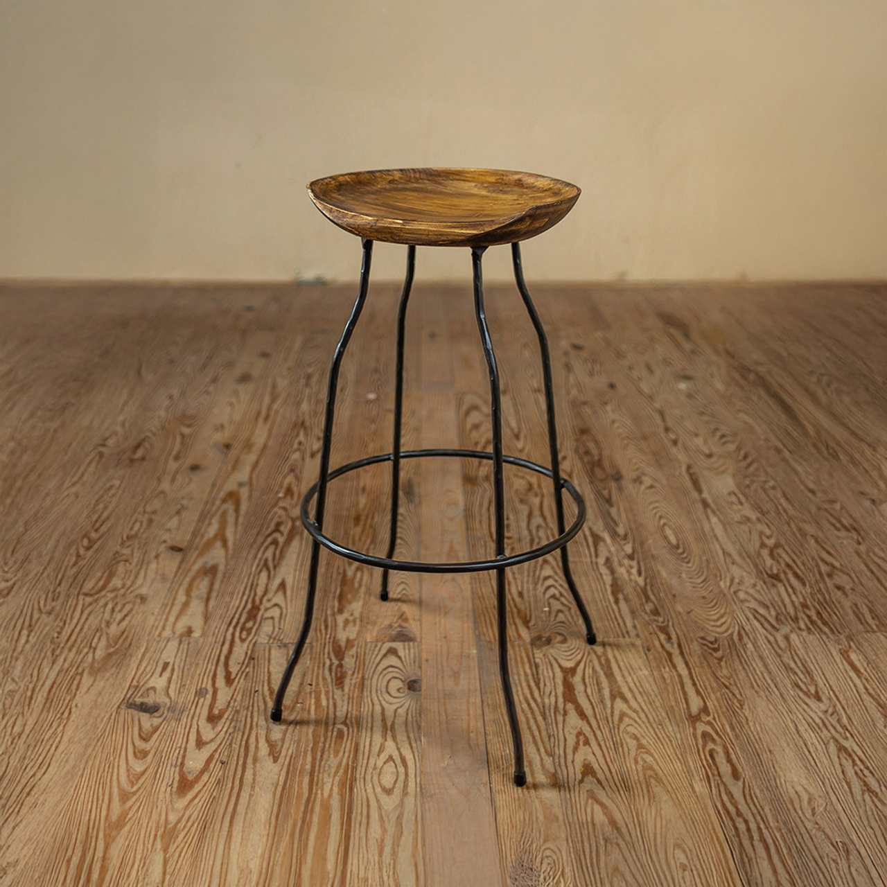 Urban Forge Fargo Wrought Iron Stool with Sculpted Wood Seat