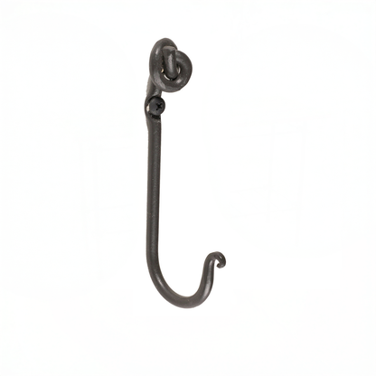An Urban Forge Knot hand-forged iron single hook in a black finish. The hook is pictured against a white backdrop.