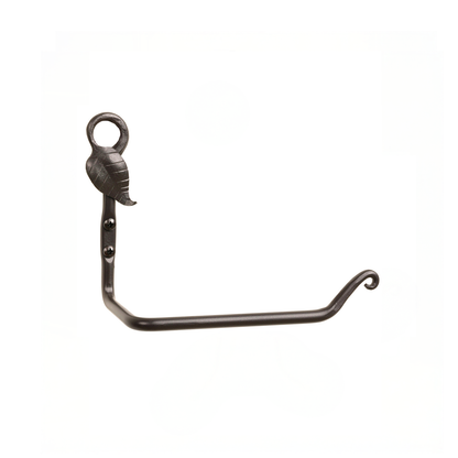 The Urban Forge Leaf toilet paper holder in a black finish. The toilet paper holder is pictured against a white backdrop.