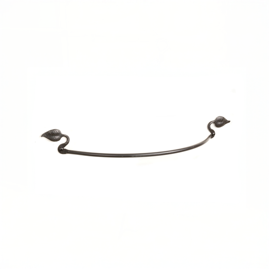 The Urban Forge Leaf towel bar in a black finish. The towel bar is pictured against a white backdrop.