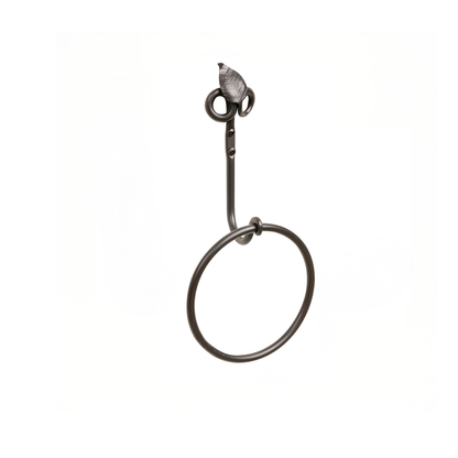 The Urban Forge Leaf towel ring in a black finish. The towel ring is pictured against a white backdrop.