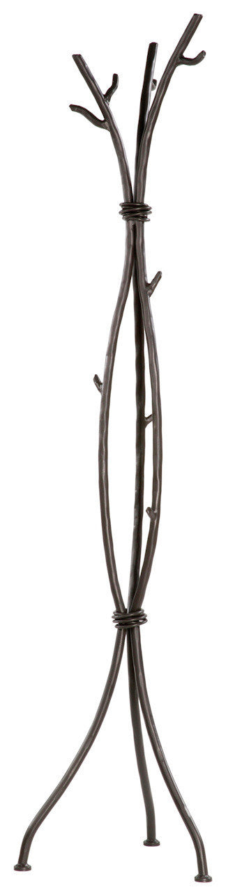 An Urban Forge Sylamore iron standing coat rack in a black finish. The coat rack is pictured against a white backdrop.