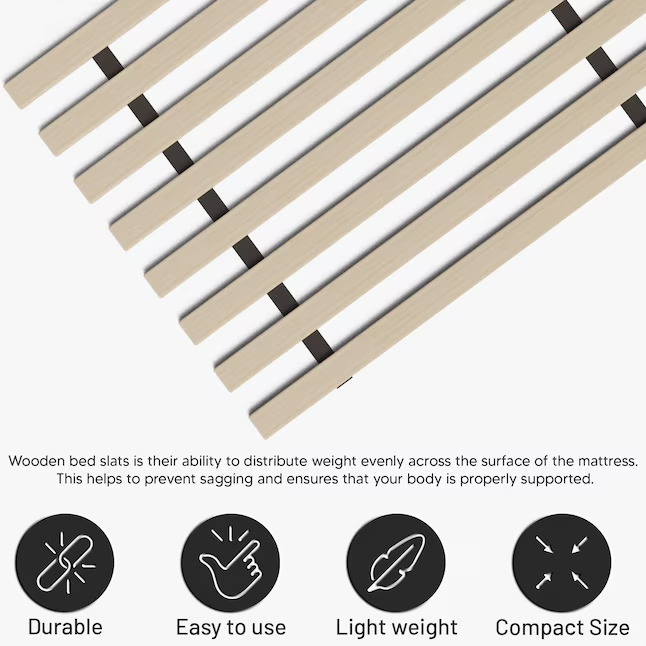 Wooden bed slats with text explaining their benefits on a white background