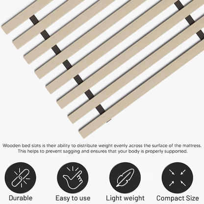 Wooden bed slats with text explaining their benefits on a white background