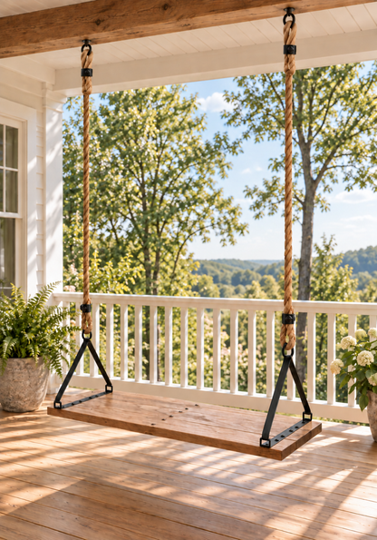 201 oak plank swing with forged iron brackets on a sunny porch