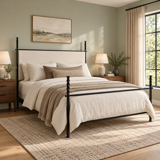 Benton hand-forged iron bed with ivory upholstered headboard in a sage bedroom.