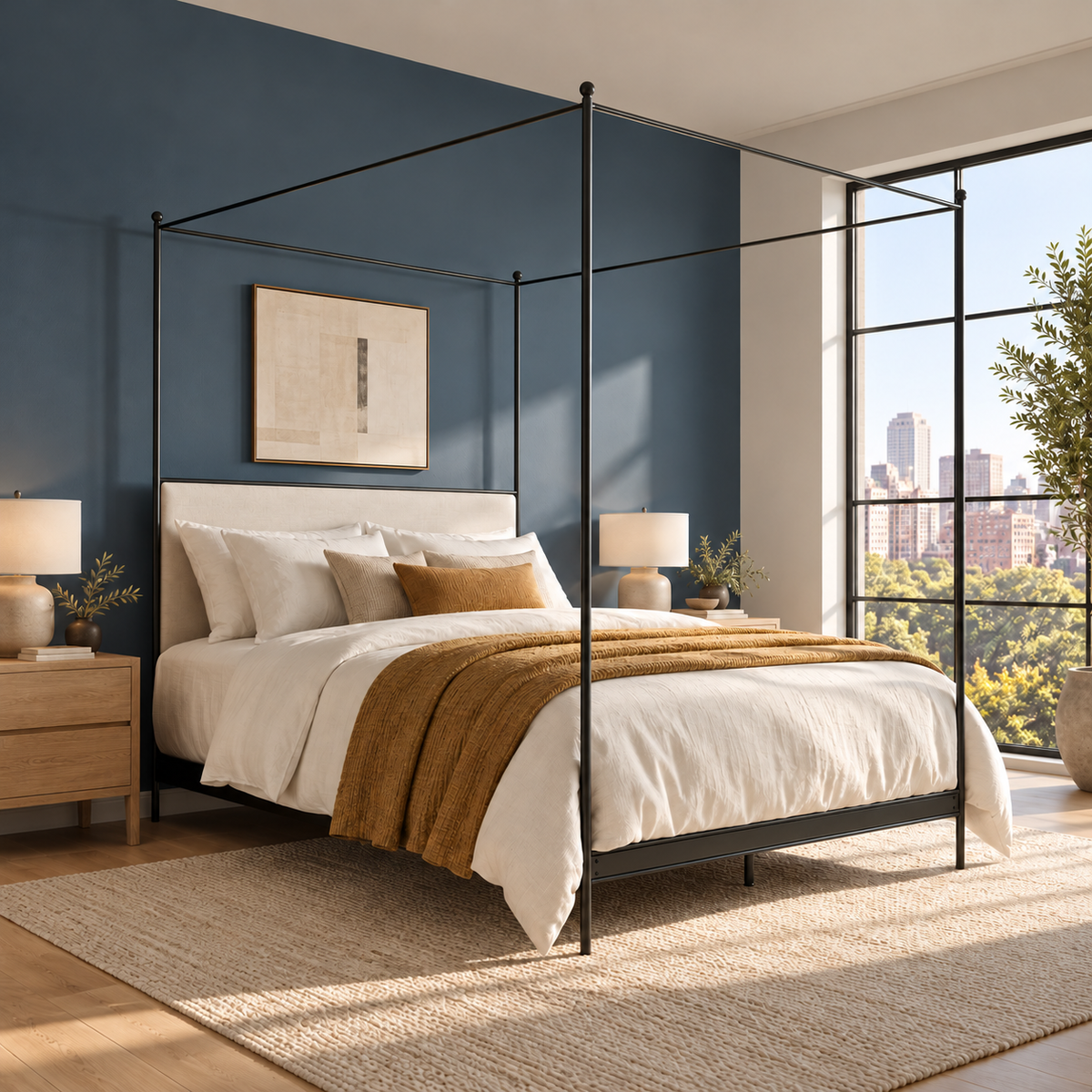 Corinth iron canopy bed with ivory upholstered headboard in a blue bedroom.