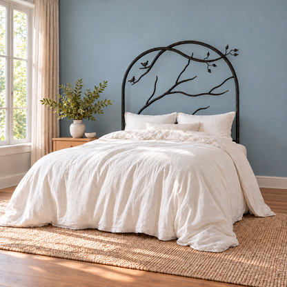 Forest Archway iron bed with white linen bedding in a blue-gray bedroom
