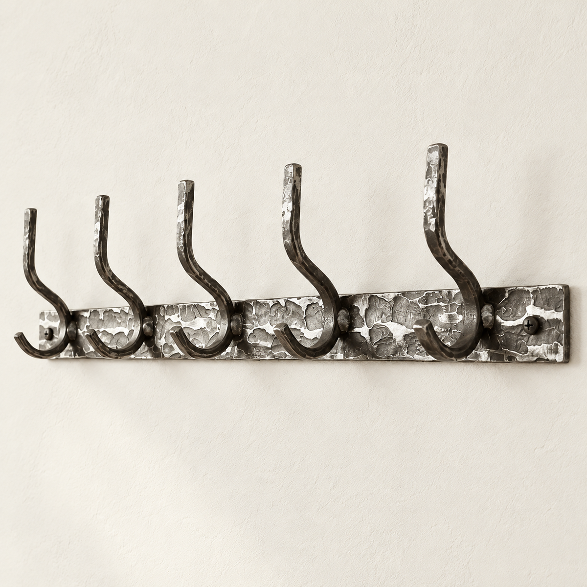 Meridian five-hook wall mounted coat rack in Natural Iron, unobstructed against a light plaster wall.