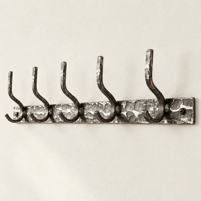 Meridian five-hook wall mounted coat rack in Natural Iron, unobstructed against a light plaster wall.